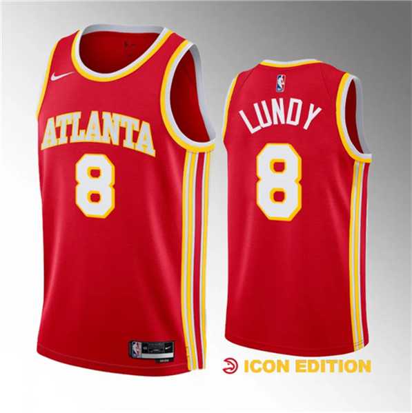 Mens Atlanta Hawks #8 Seth Lundy Red 2023 Draft Icon Edition Stitched Jersey Dzhi